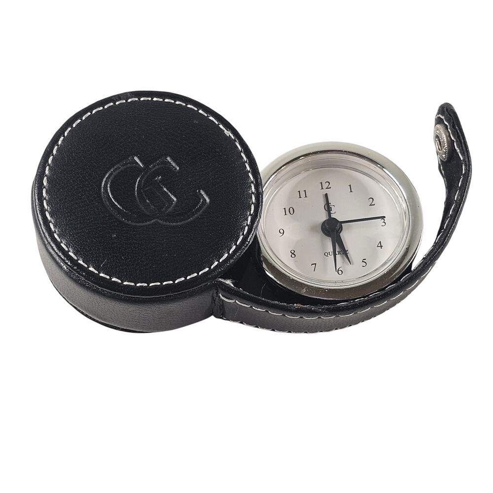 Guess Quartz Travel Alarm Clock Black Faux Leather Case Snap Closure Portable